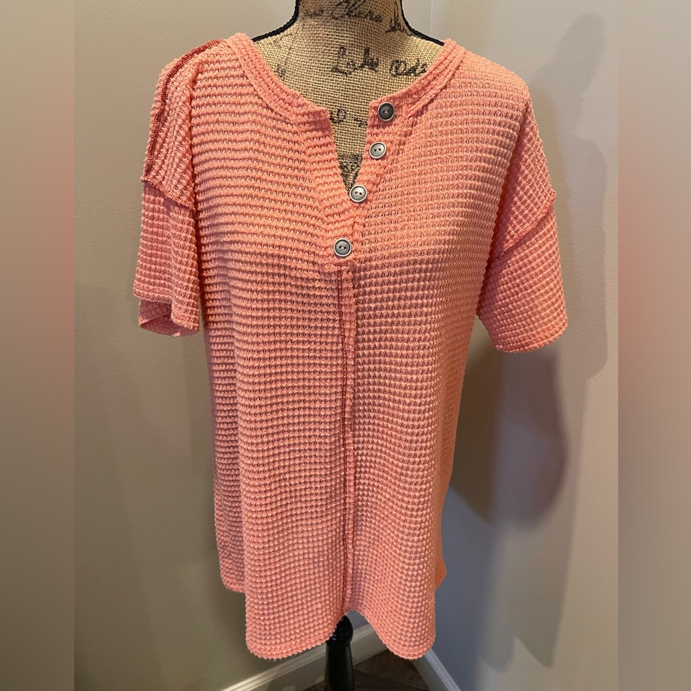 BiBi Coral Waffle Knit Short Sleeve Henley